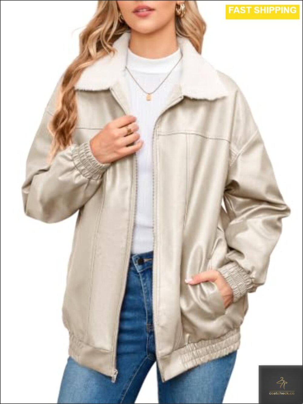 Faux Leather Sherpa Fleece Lined Moto Bomber Jacket Zip Ribbed Oversized Warm